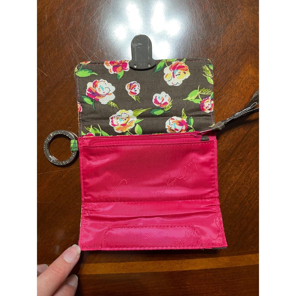 Vera Bradley Quick Swipe ID Coin Purse English Rose Floral Silver Key Loop Brown - Picture 3 of 7